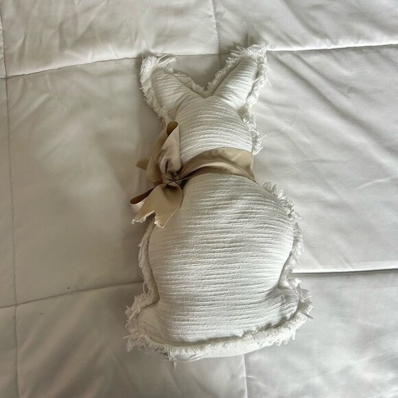 Large White Rabbit Bunny Pillow Rustic Cottagecore Fluffy Tail Tan Bow Y2K - Picture 1 of 5